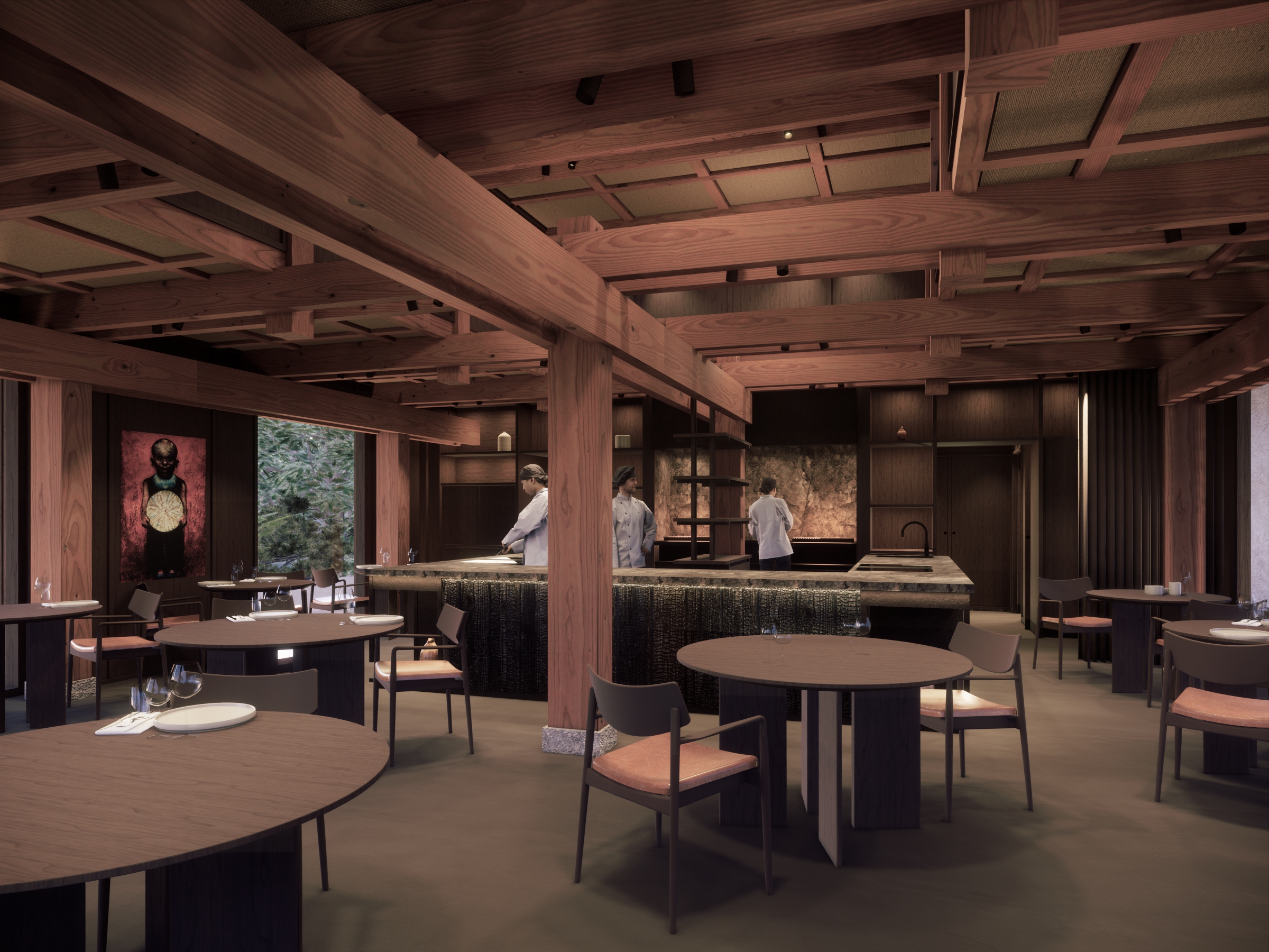 Visualisering af den indvendige arkitektur og indretning af Restaurant Hi. Foto: PR